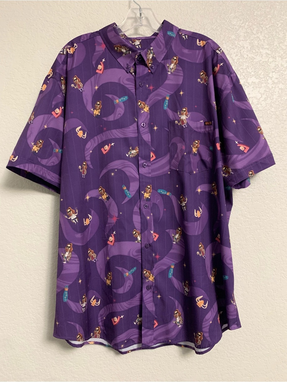 RSVLTS Big Lebowski Shirt Mens 2XL Short Sleeve Button Up All Over Print Purple